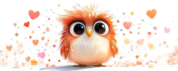 Fototapeta premium Playful cartoon owl showcasing large eyes and a friendly demeanor, surrounded by colorful hearts and stars, isolated on a pristine white background, cute and engaging illustration