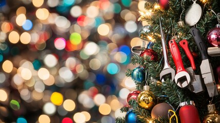Small-town American hardware store Christmas tree decorated with tools