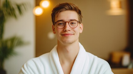Fototapeta premium Young Man with Glasses in Relaxed Setting, Ideal for Social Media, Blog Designs, and Modern Advertisements