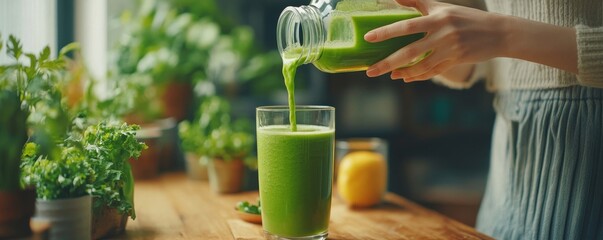 Detox juice concept, Hand of woman, girl holding bottle making green vegetable smoothie pouring in glass for diet at home kitchen, drinking healthy meal food for weight loss. Lifestyle, Generative AI