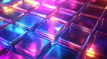 Abstract 3d background wallpaper with glass squares with colorful light emitter iridescent neon holographic gradient.**