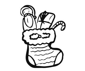 St. Nicholas Day celebration. Nikolaus filled shoe with gifts. Hand drawn simple illustration of Christmas presents in boot.