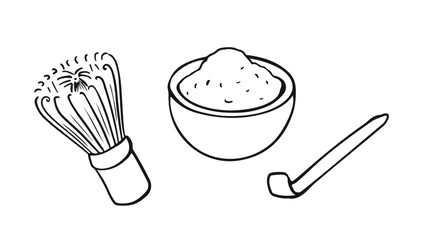 Matcha tea powder with whisk. Japanese tea ceremony elements. Simple hand drawn illustration of tableware for green tea.