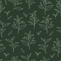 Green tea leaves seamless pattern. Outline branches and leaves on green background.