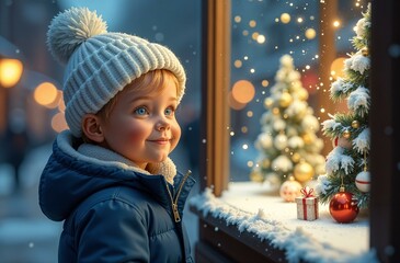 Adorable boy kid looking through the display window at Christmas decoration in the shop, new year, holyday,banner