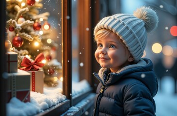Adorable boy kid looking through the display window at Christmas decoration in the shop, new year, holyday,banner