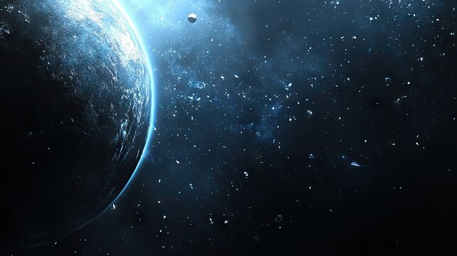 Abstract representation of space with a blue cosmos background illustrating a planet, providing ample copy space for creative design and further enhancements in this abstract space theme.