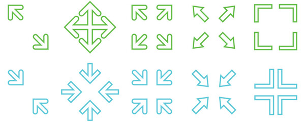 Outline collection of Green full screen and Blue exit full screen icons. Arrow mark icons. Vector illustration isolated on white background.