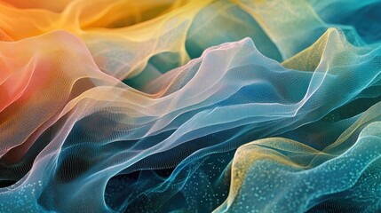 Obraz premium Abstract background created with peaks of semi-transparent wave lines and dots offers a dynamic visual experience, featuring a blend of colors and textures with ample copy space.