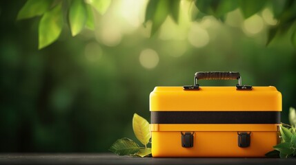 Bright Yellow Tackle Box on Mysterious Green Background