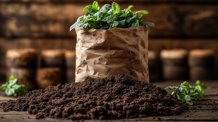 Seedlings growing in paper bag with fertile soil