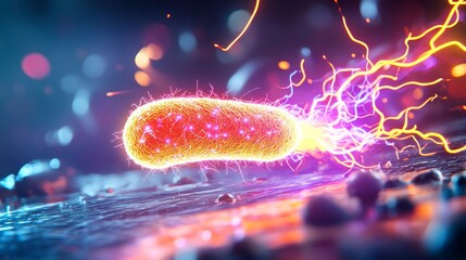 Vibrant, digital representation of a bacteria with electric energy, showcasing its movement through a microscopic environment.