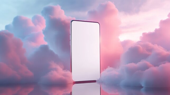 Smartphone with blank screen floating in a pastel colored cloudscape