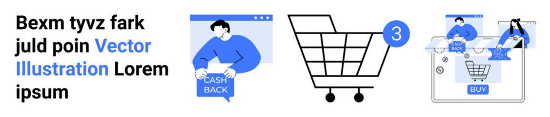 Shopper with cashback notification, empty shopping cart, checkout page display. Ideal for e-commerce, cashback promotions, online retail, shopping apps, payment gateways, digital marketing, UIUX