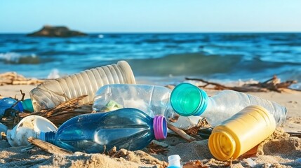 Beach littered with plastic debris under gloomy sky, reflecting ocean pollution crisis. AI generated