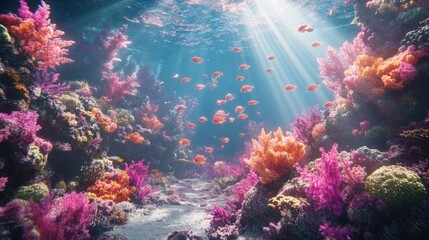 Naklejka premium A vibrant coral reef teeming with fish, sun rays filtering through the water 