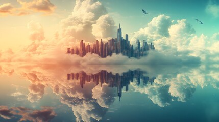 A cityscape floating in the sky, reflected on calm water, surrounded by clouds - a fantastical world