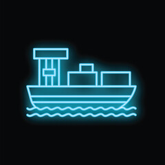 Fototapeta premium Glowing blue neon container ship sailing on stylized waves at night