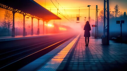 Person standing at a train station platform at dawn, ready to embark on a new adventure