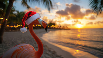 Santa-Hat-Wearing Flamingo Enjoying Sunset on Tropical Beach