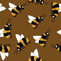 Seamless pattern with bees and flowers on color background. Small wasp. Vector illustration. Adorable cartoon character. Template design for invitation, cards, textile, fabric. Doodle style