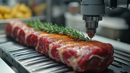 Robotic arm injecting marinade into beef tenderloin with rosemary