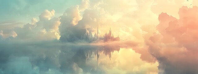 Fototapeta premium A cityscape floating in the sky, reflected on calm water, surrounded by clouds - a fantastical world