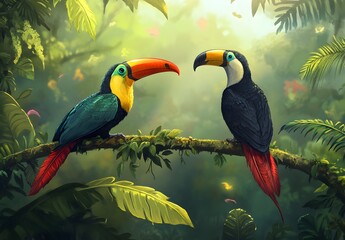 Two Toucans Perched on a Branch in a Lush Tropical Rainforest