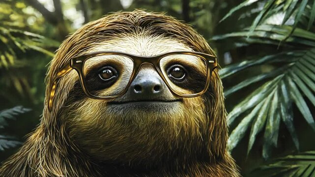 A sloth wearing eyeglasses looks directly at the camera, surrounded by lush green foliage