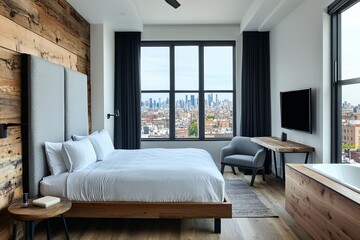 Obraz premium Modern Hotel Bedroom with City View and Wooden Accents
