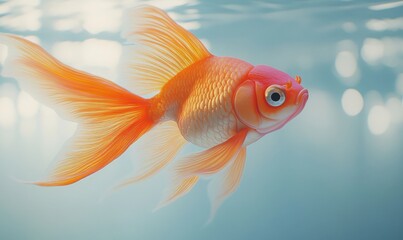 3D goldfish swimming gracefully, with flowing fins and a subtle orange hue against a clean white background