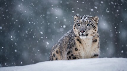 Fototapeta premium A majestic snow leopard stares into the distance, its thick fur camouflaging it perfectly against the snowy landscape