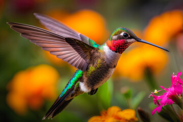 Vibrant shot of a hummingbird in mid-flight, wings blurred, feeding from a flower, set against a colorful natural background. Generative AI