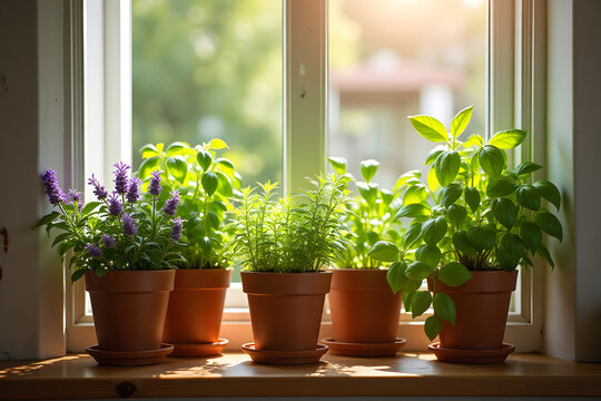 Sunlit indoor herb garden with fresh basil and lavender in terracotta pots