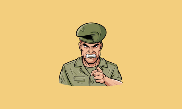 Angry army sergeant pointing forward cartoon illustration