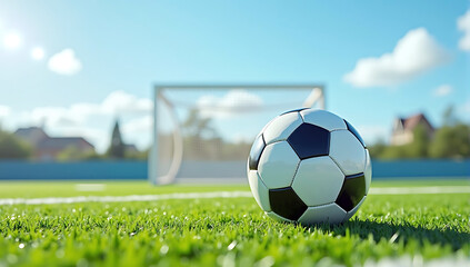 Fototapeta premium Classic black and white Soccer ball on green field, suburban buildings on horizon, close-up perspective,