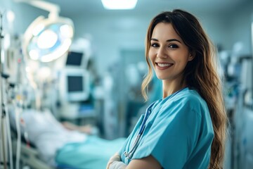 Fototapeta premium Smiling nurse in hospital setting, caring environment, medical equipment in background