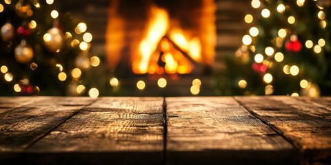 Wooden table in front of a glowing fireplace with bokeh lights and Christmas decorations. A cozy and warm holiday scene, perfect for winter gatherings and festive designs.