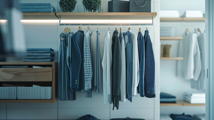 Organized wardrobe with hanging clothes in neutral colors