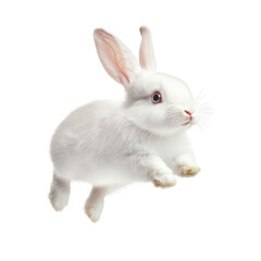 Obraz premium A little white rabbit is jumping in mid-air.