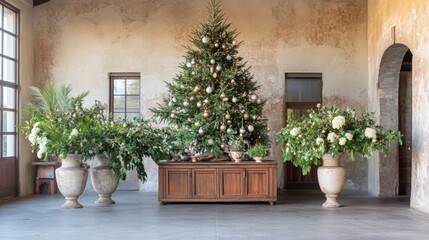 Naklejka premium American artist studio with Christmas tree handmade ornaments