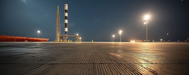 Stunning Satellite Preparation on Launch Pad Under Night Sky - Gleaming Metal Platform with Space Station in Background Perfect for Space Exploration and Technology Themes