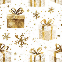 Golden presents with bows and snowflakes pattern seamless design