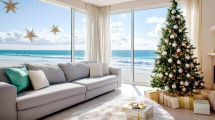 American beach house at Christmas decorated tree by ocean