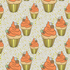 Seamless pattern with cupcakes. Muffin cake, sweet cupcake with cream, delicious pastries. Modern vector illustration for fabric, textile. Dessert print for a candy bar