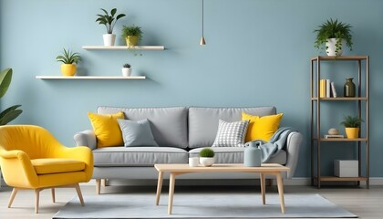 A modern living room with a gray sofa, yellow throw pillows, a wooden coffee table, and shelves with plants and decor on the wall.