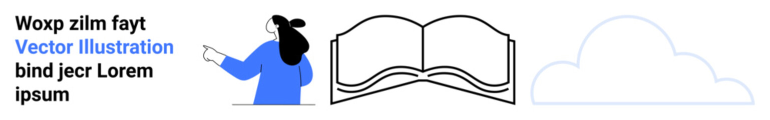 Woman pointing at sample text, book outline, and cloud silhouette. Ideal for educational materials, online learning, reading apps, digital libraries, cloud storage, website headers, promotional