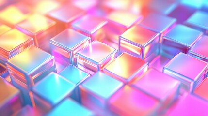 Abstract 3d background wallpaper with glass squares with colorful light emitter iridescent neon holographic gradient. Design visual element for banner header poster or cover.