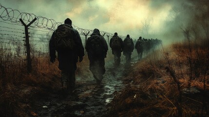 Fototapeta premium Soldiers walking along barbed wire fence in gloomy landscape