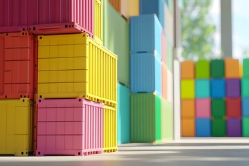 Fototapeta premium Colorful container stacks arranged in an illustrative style, set against a blur background